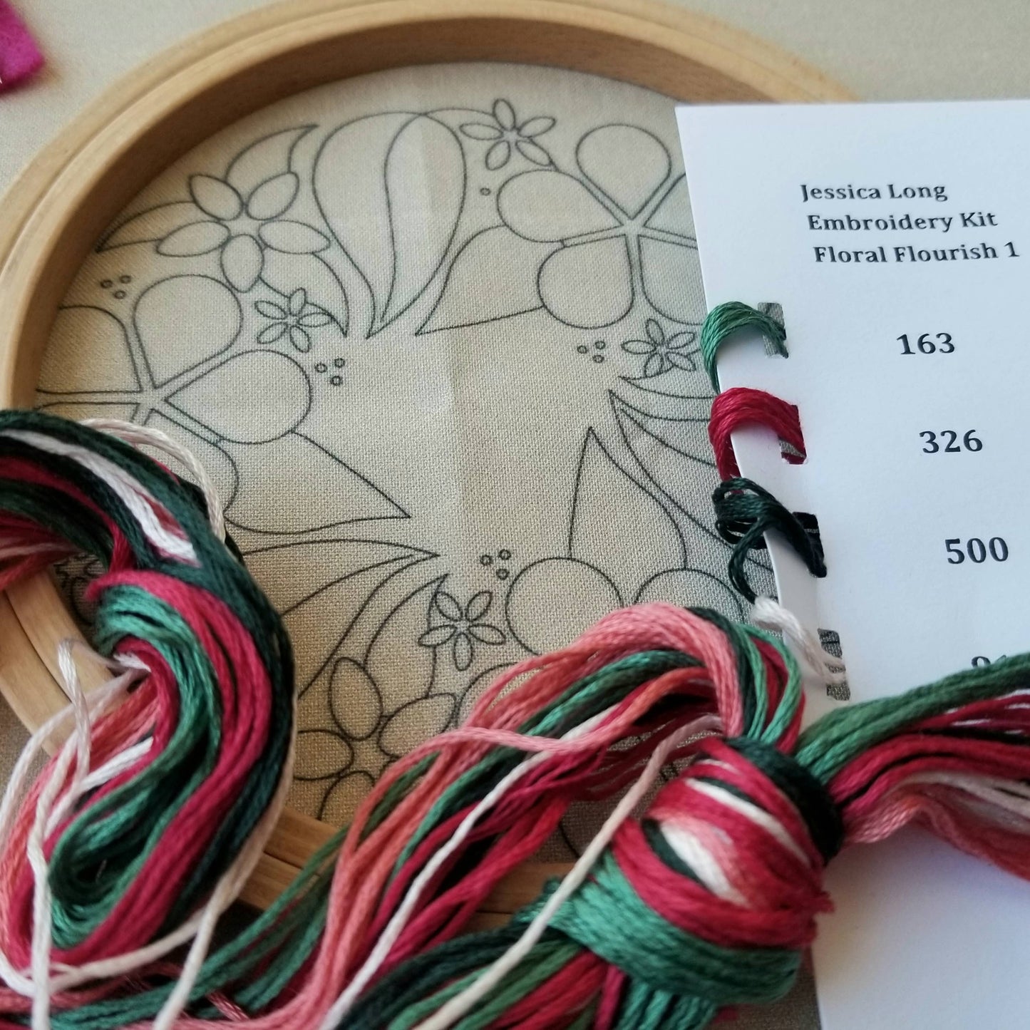 Jessica Long Embroidery - Floral Flourish Beginner Embroidery Kit: Muted green fabric