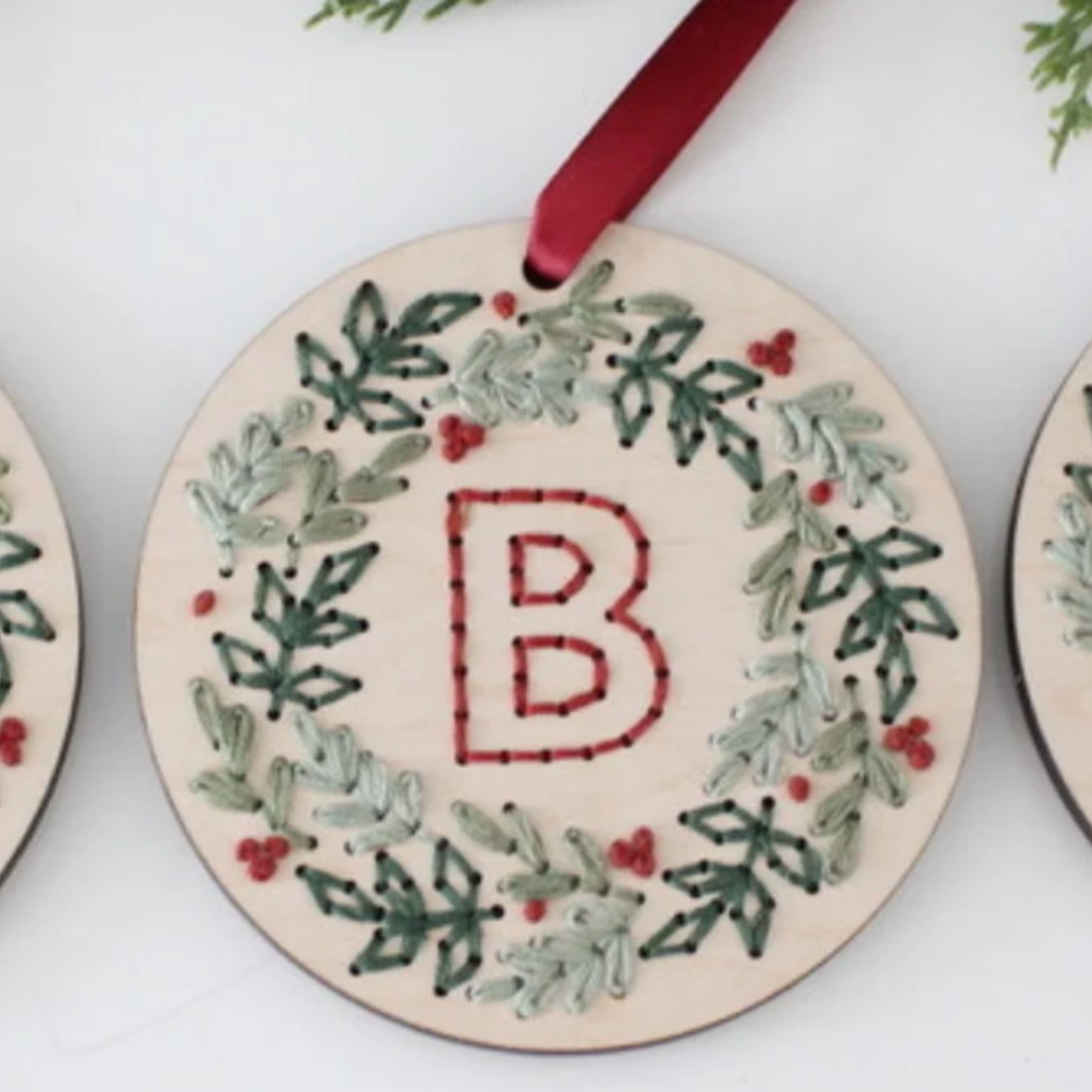 The HNB House - DIY Wood Embroidery Kit - Wreath Monogram Christmas Ornament: M