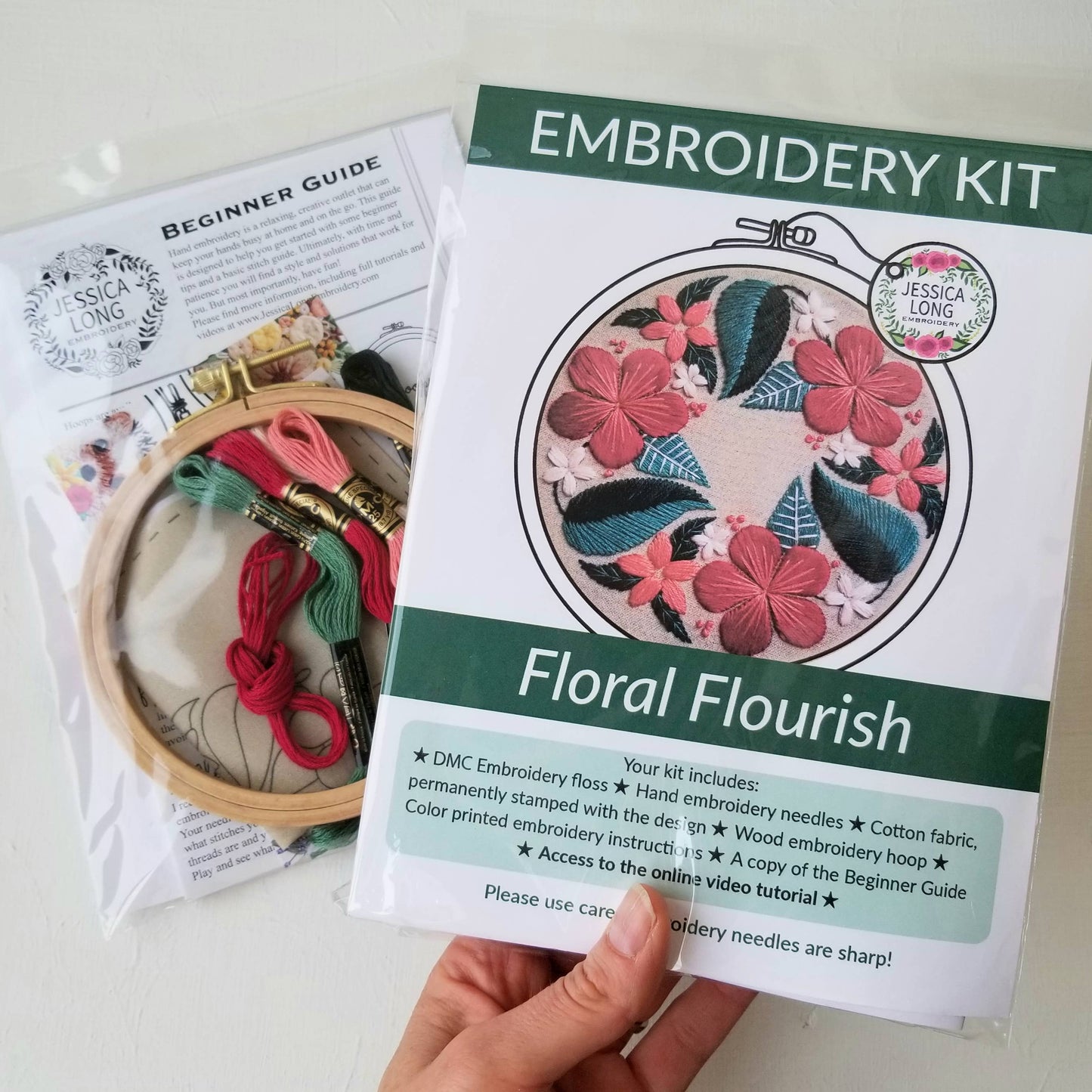 Jessica Long Embroidery - Floral Flourish Beginner Embroidery Kit: Light taupe fabric