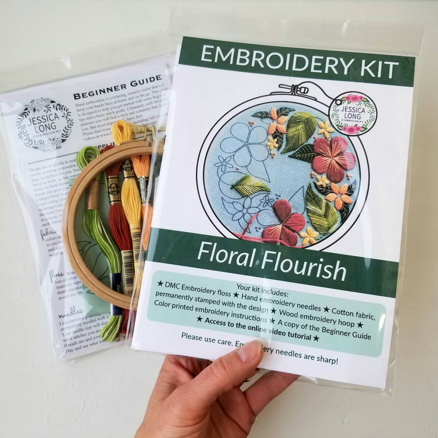 Jessica Long Embroidery - Floral Flourish Beginner Embroidery Kit: Muted green fabric